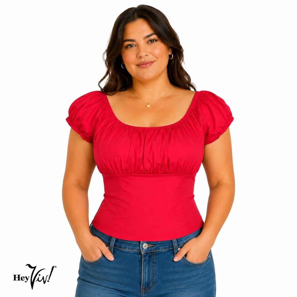 Red Peasant Blouse Top On/Off Shoulder Smocked Back Retro Size L - Hey Viv